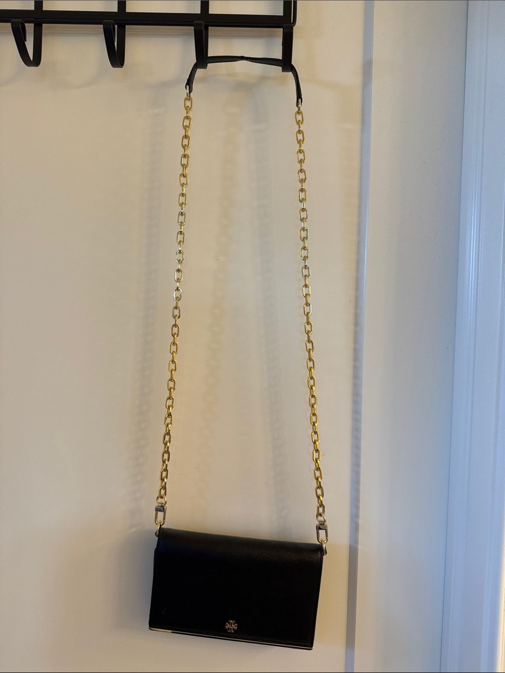Tory Burch Black Leather Crossbody with Gold Chain Strap